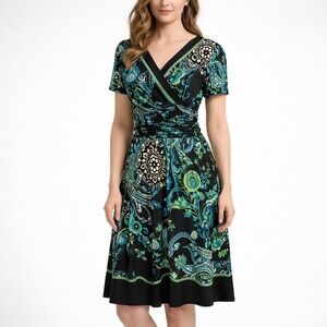 Studio I Dress Womens 12 Black Blue Green Paisley Wrap V-Neck Ruched Waist